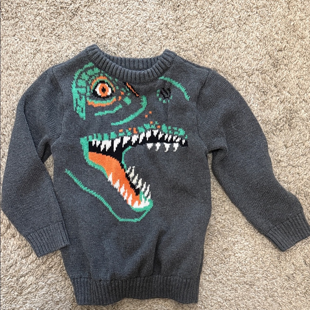 Toddler Old Navy Gray Sweater with Green and Orange Dinosaur Graphic